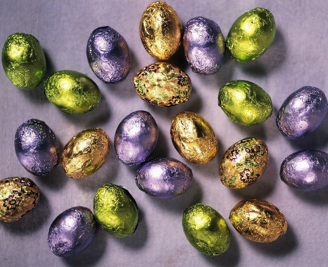 Foil Covered Easter Eggs on Lavender Background