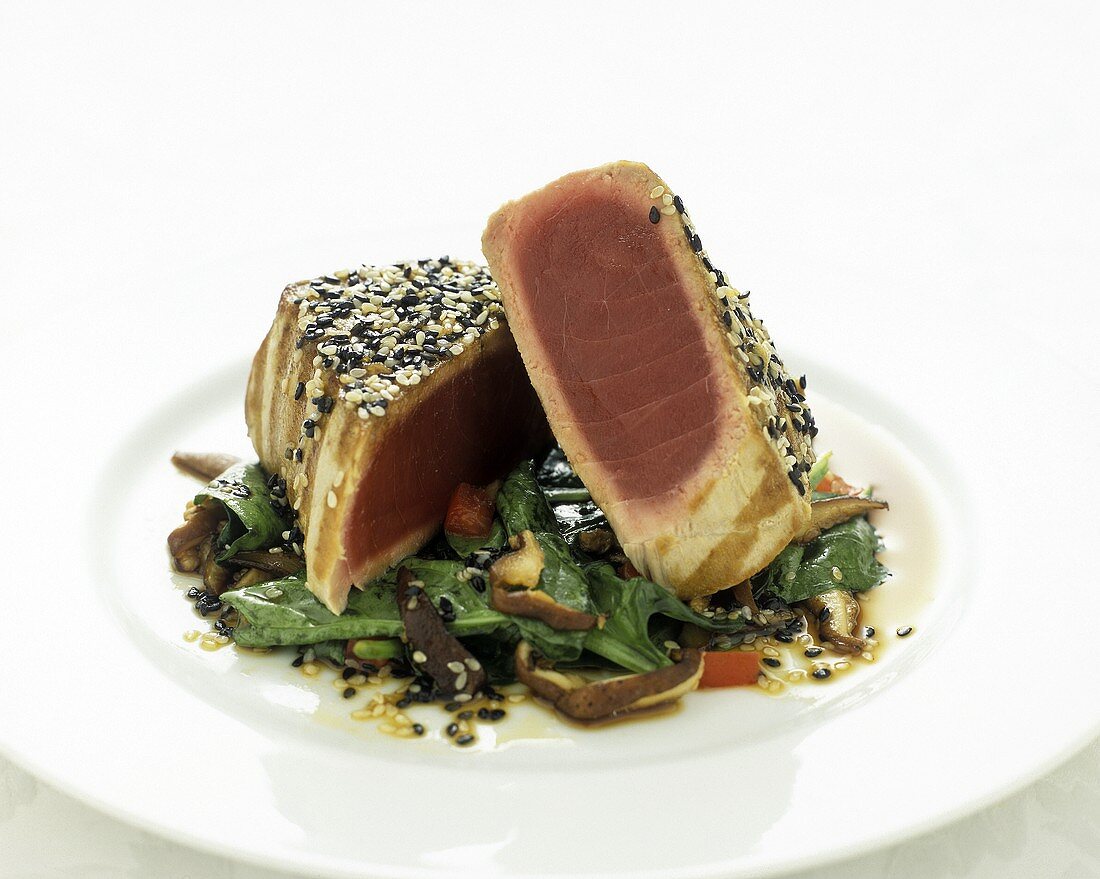 Tuna Steak with Sesame Crust on a Bed of Greens