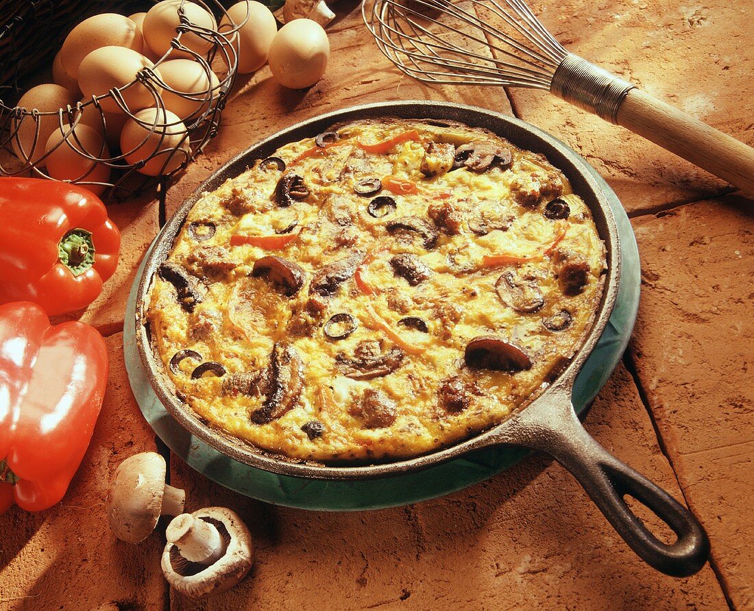 Frittata with Sausage, Mushrooms, Red Bell Pepper and Black Olives
