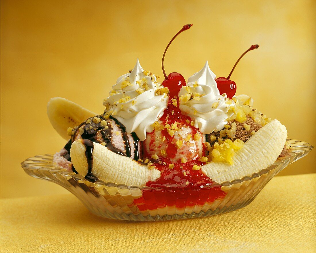 Banana Split in a Glass dish with Strawberry, Vanilla and Chocolate Ice Cream