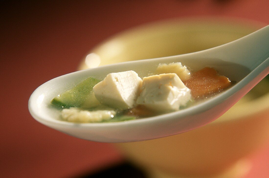 Asia-Brühe mit Gemüsen und Tofu auf Porzellanlöffel (Detail)