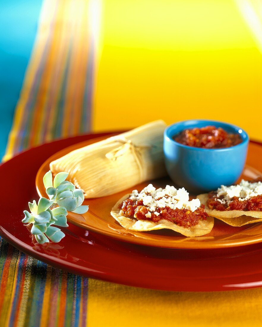 Tortillas mit Salsa und Tamale