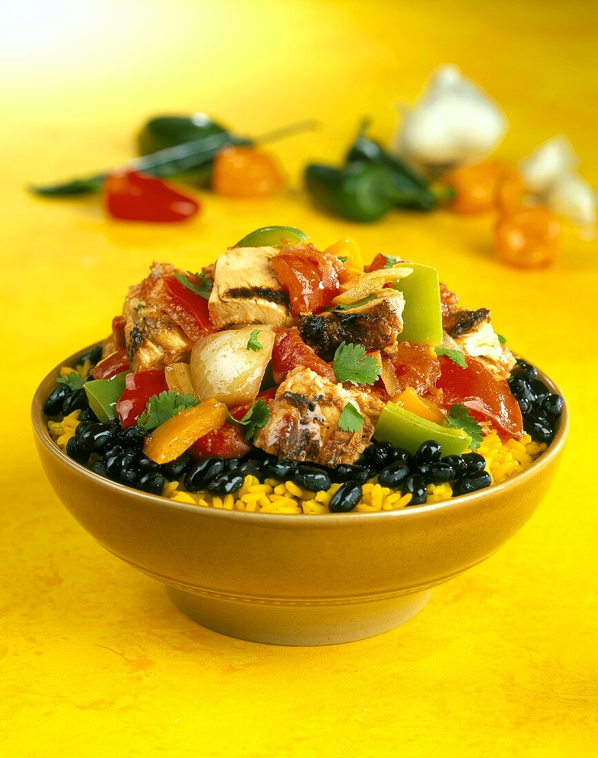 Rice with beans, peppers and barbecued chicken