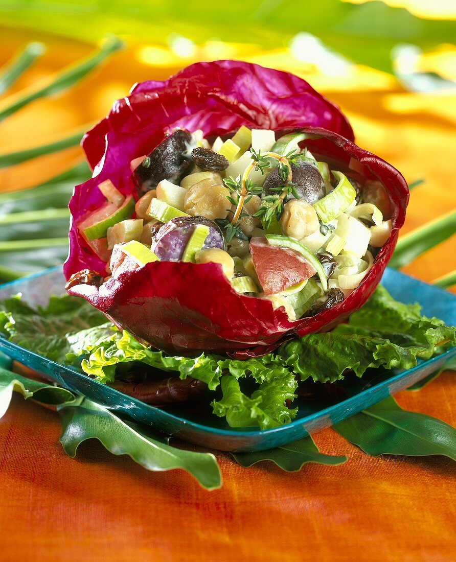 Kartoffel-Gemüse-Salat in einem Rotkohlblatt