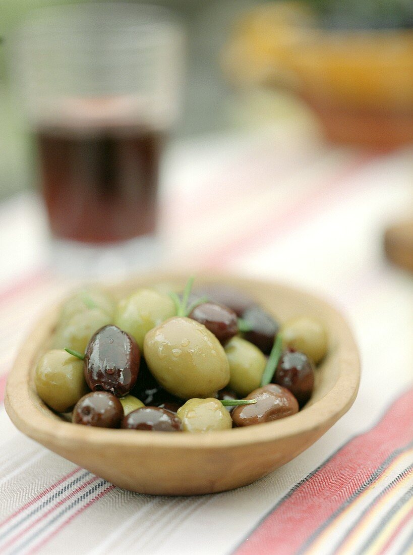Assorted Olives in a Wooden Bowl