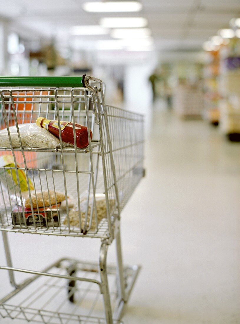 Shopping Cart in Grocery Store Aisle