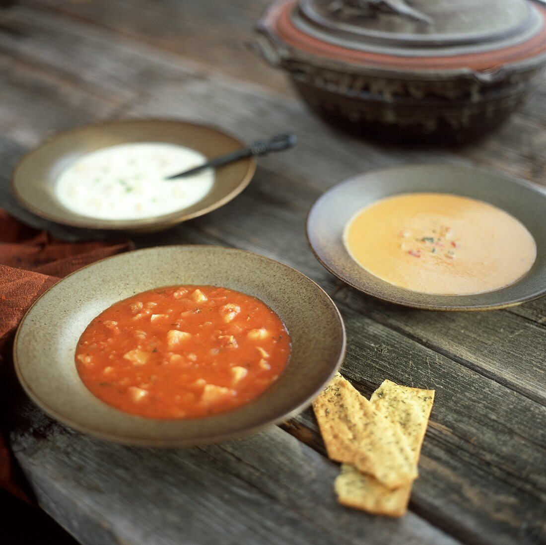 Drei verschiedene Suppen auf Holztisch; Cracker