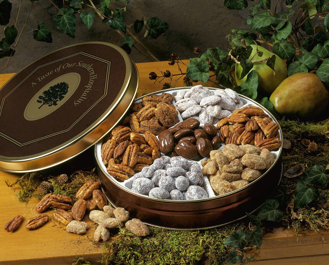 Assorted Pecans in a Tin