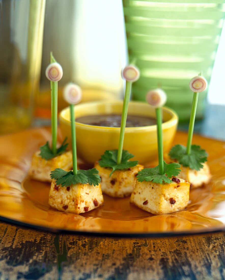 Five tofu and coriander kebabs with dip