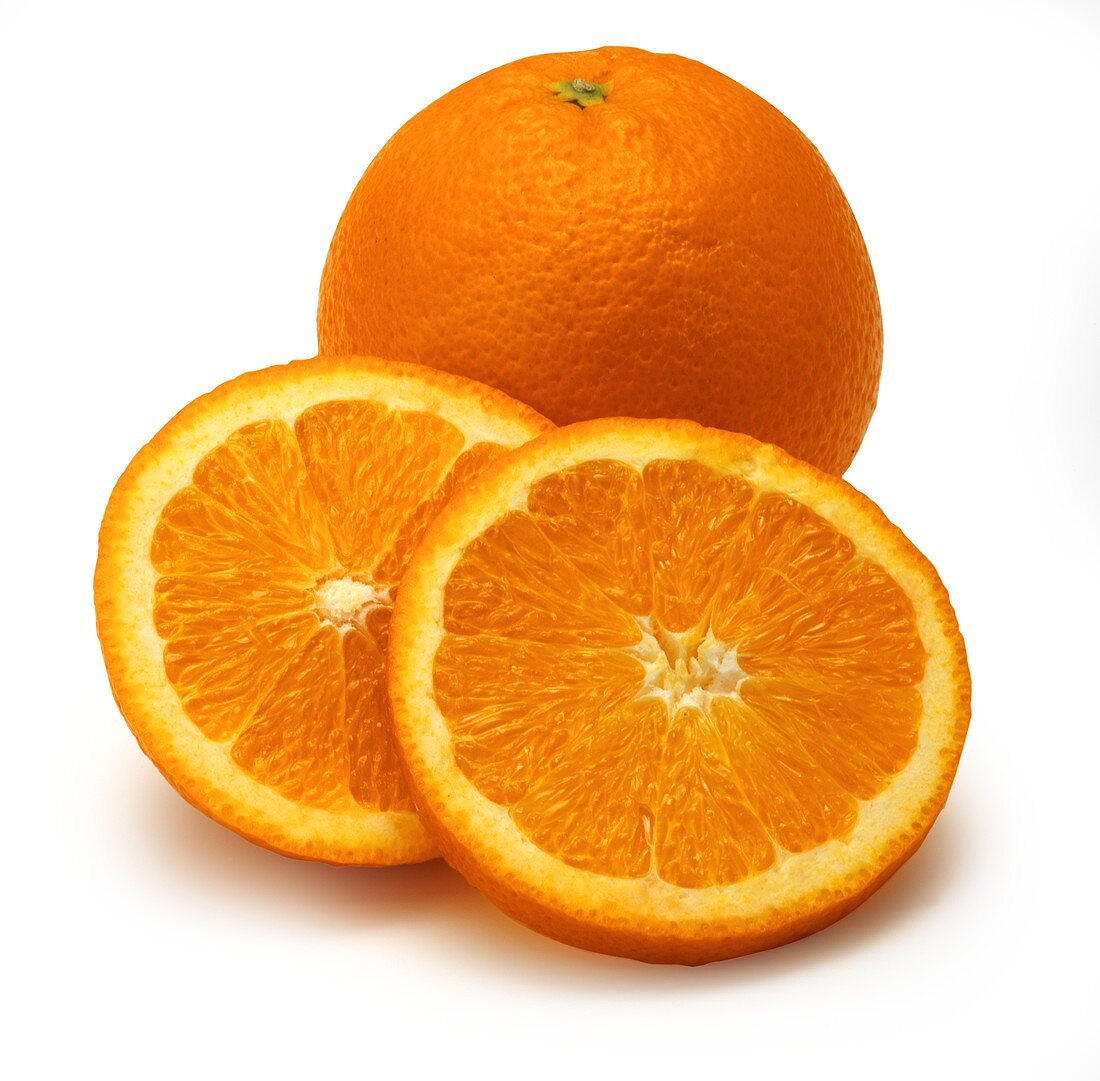 Navel orange, two slices in front