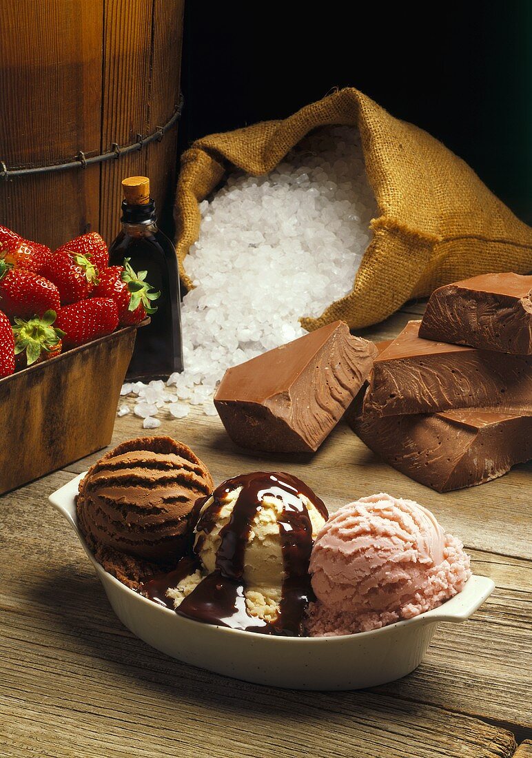 Strawberry, Chocolate and Vanilla Ice Cream with Hot Fudge; Ingredients