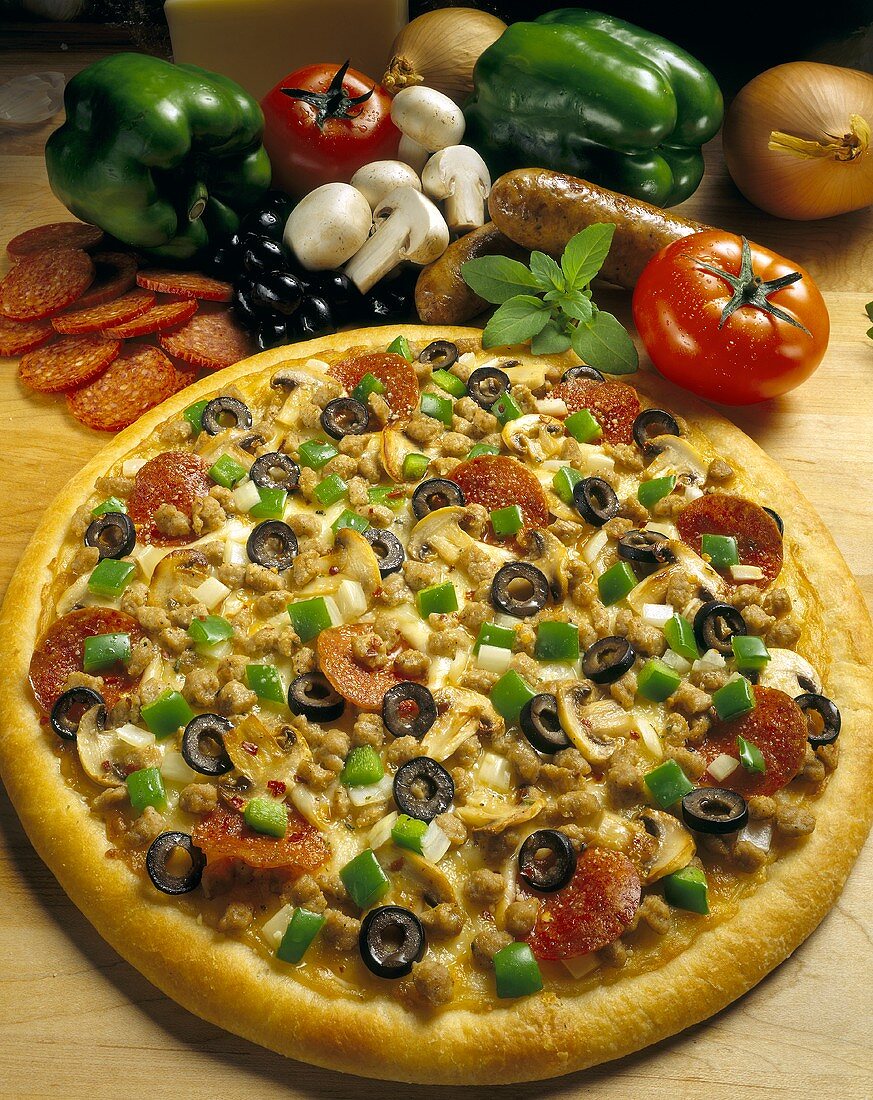 Pizza mit Gemüse, Champignons und Salami; Zutaten