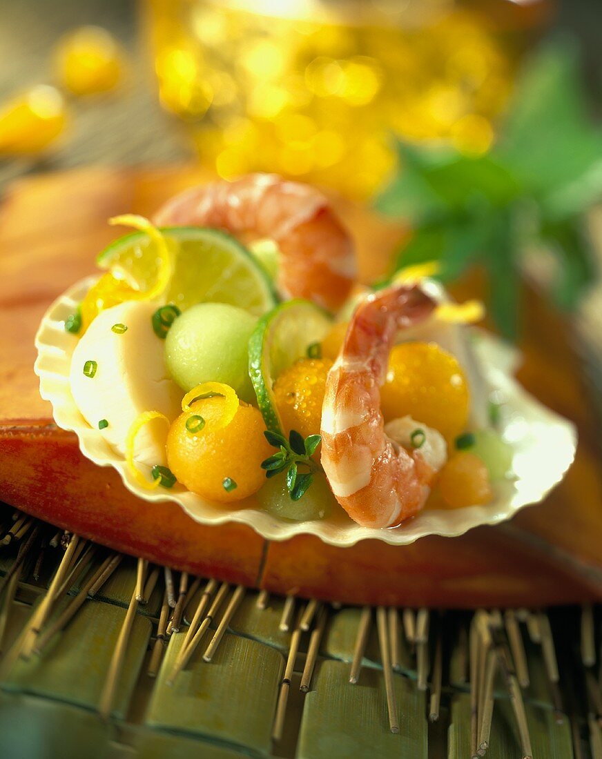 Seafood and Fruit Ararnged on a Scallop Shell