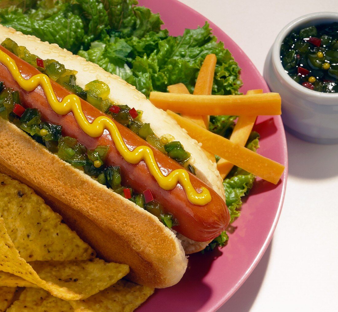 A Hot Dog with Relish, French Fries and Corn Chips