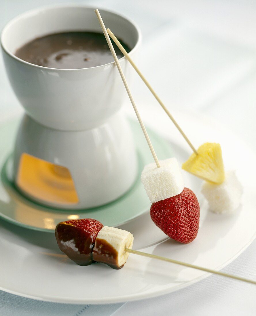 Chocolate Fondue with Angel Food Cake and Fruit