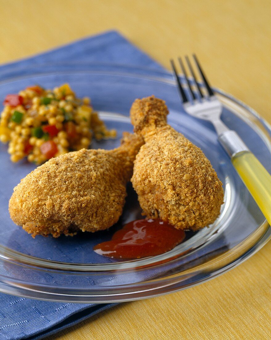 Oven Baked Crispy Chicken Legs with Ketchup and Couscous