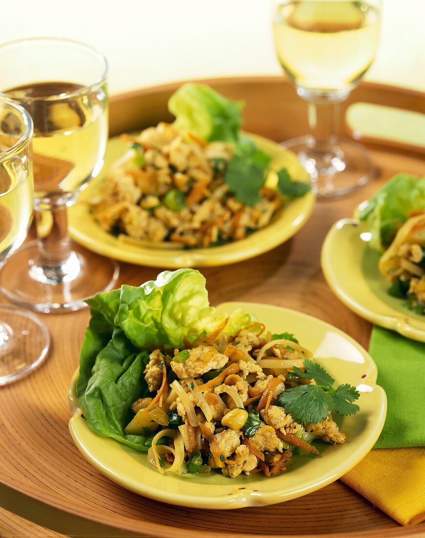 Chicken salad with coriander leaves from Vietnam; white wine