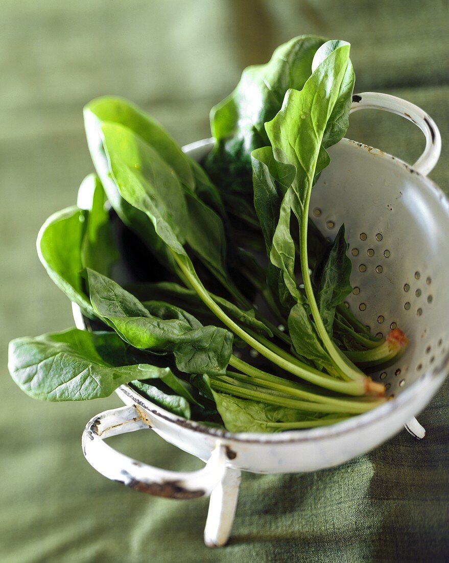 Spinach in an old enamelled colander