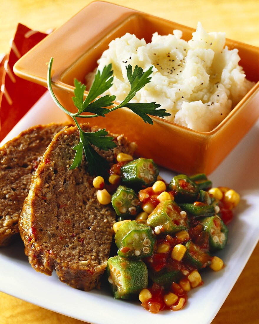 Meatloaf with Tomatoes, Okra and Corn; Mashed Potatoes
