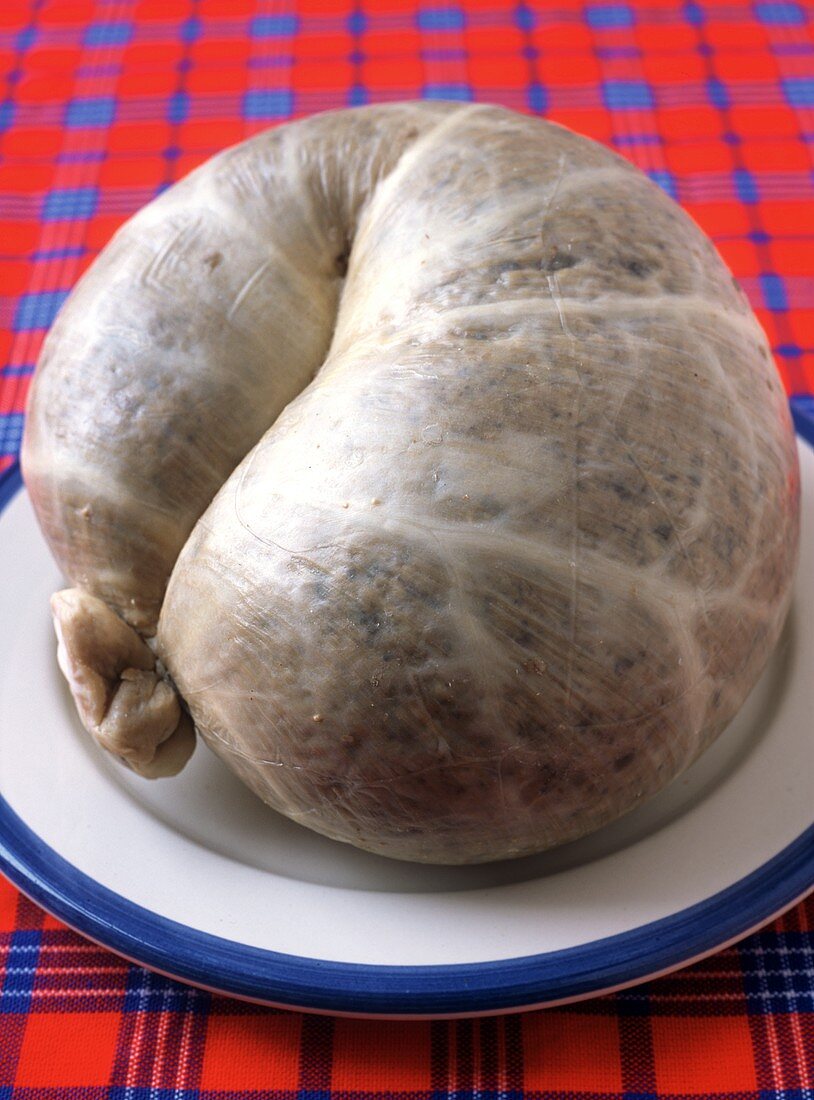 Raw haggis (offal in sheep's stomach, Scotland)