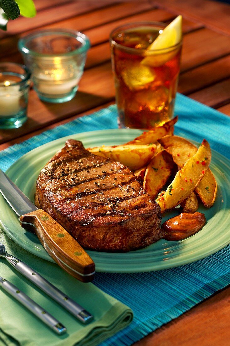 Ribeye-Steak vom Grill mit gebackenen Kartoffelschnitzen