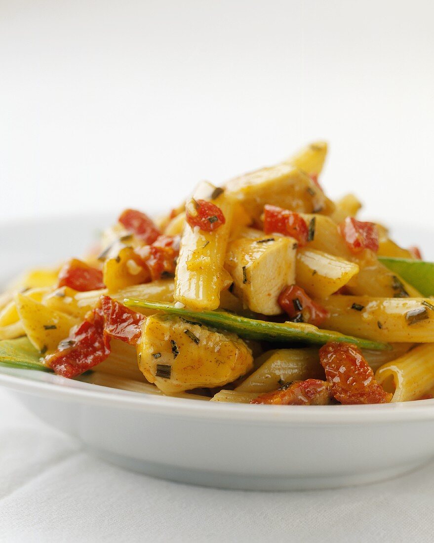 Penne with Chicken. Snow Peas and Red Peppers