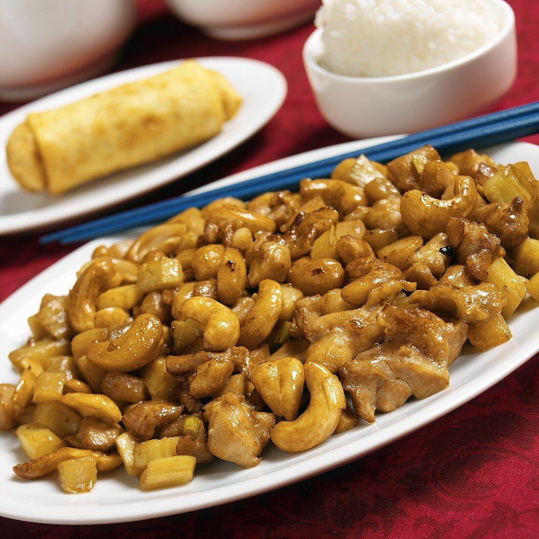 Cashew Chicken with White Rice and an Egg Roll