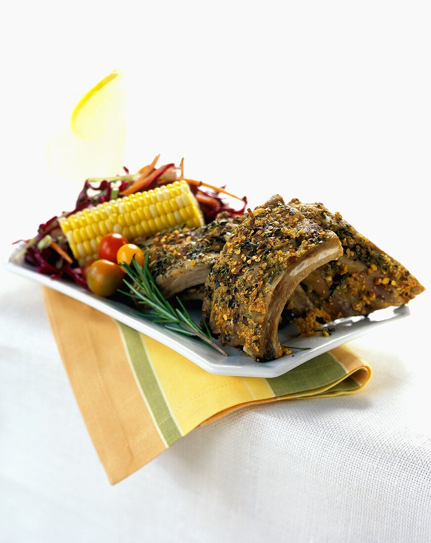 Herb Encrusted Ribs with Corn on the Cob and Cole Slaw