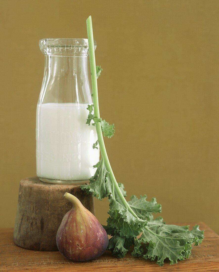 Flasche Milch, Kohlblatt und Feige