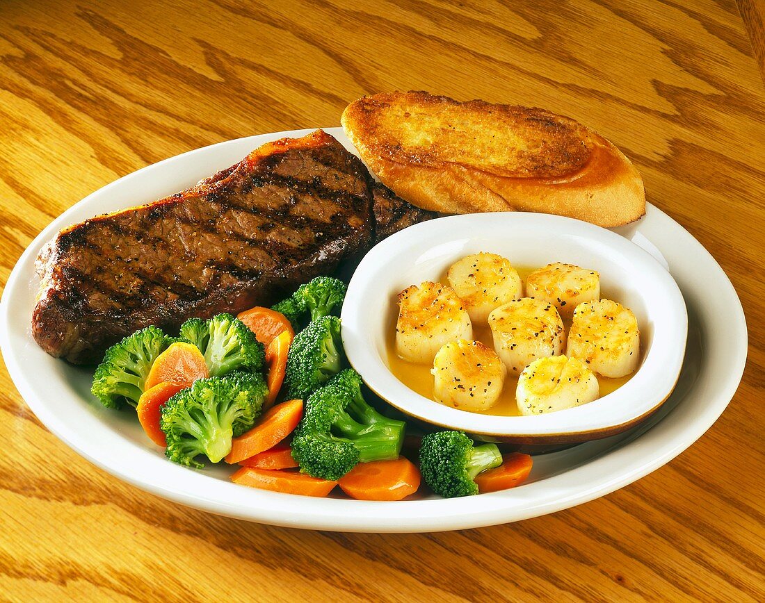 Surf & Turf with Mixed Vegetables and Garlic Toast