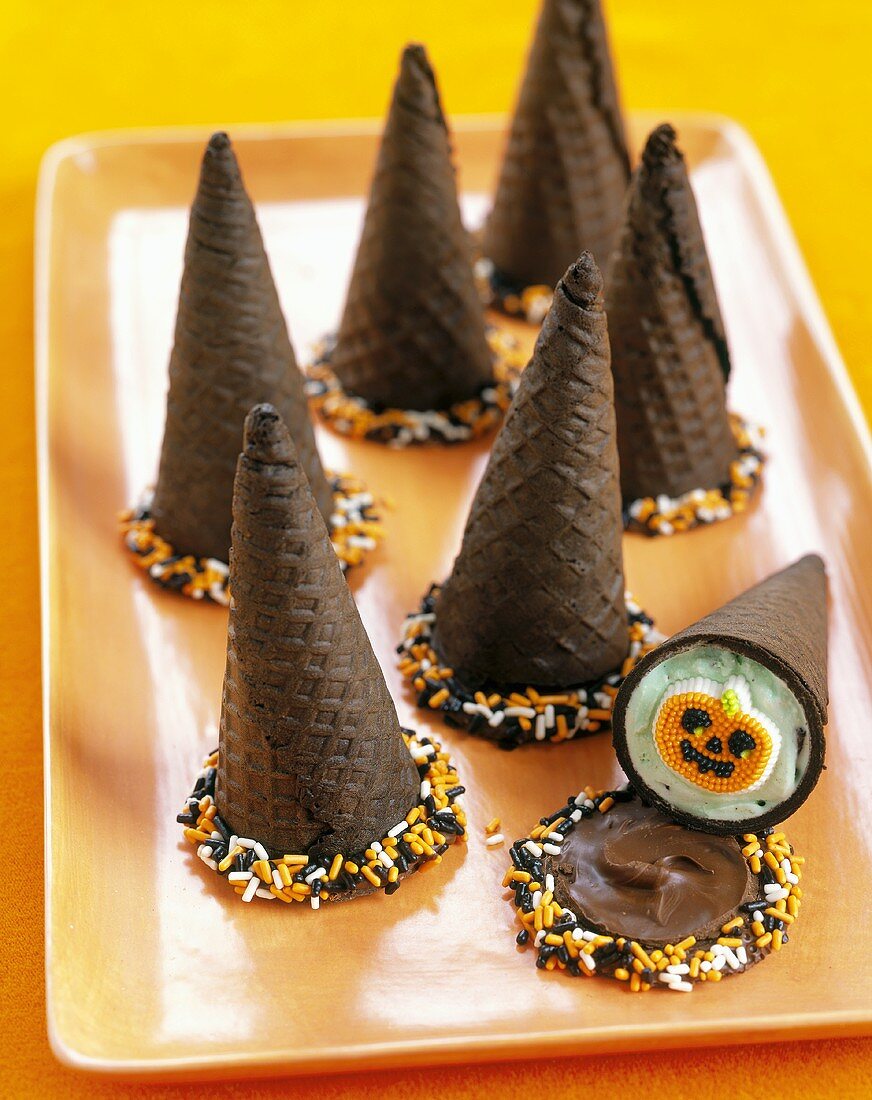 Chocolate Cones Filled with Mint Ice Cream and Pumpkin Candies
