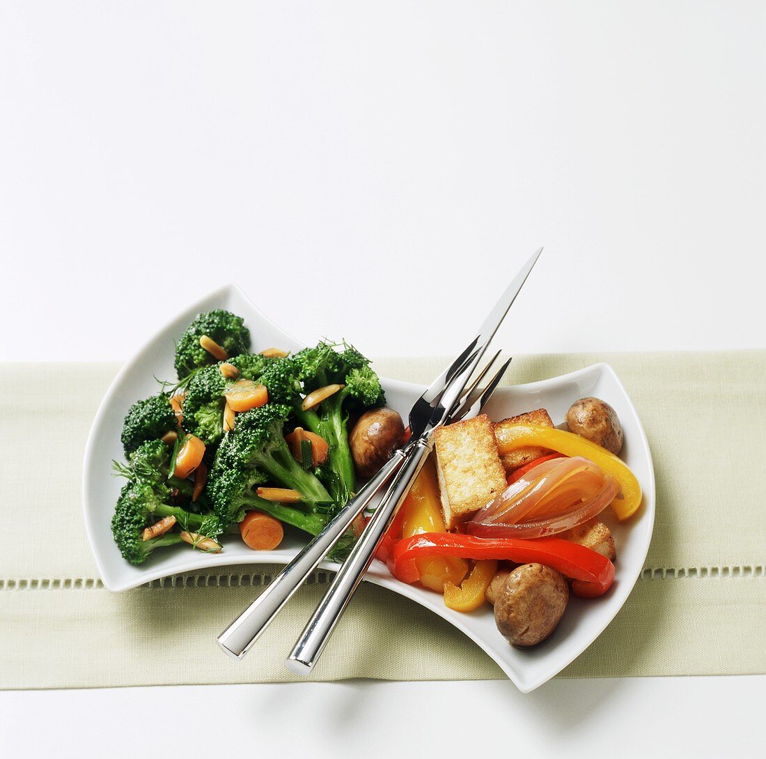 Braised Tofu with Bell Peppers and Crimini Mushrooms; Broccoli and Carrots