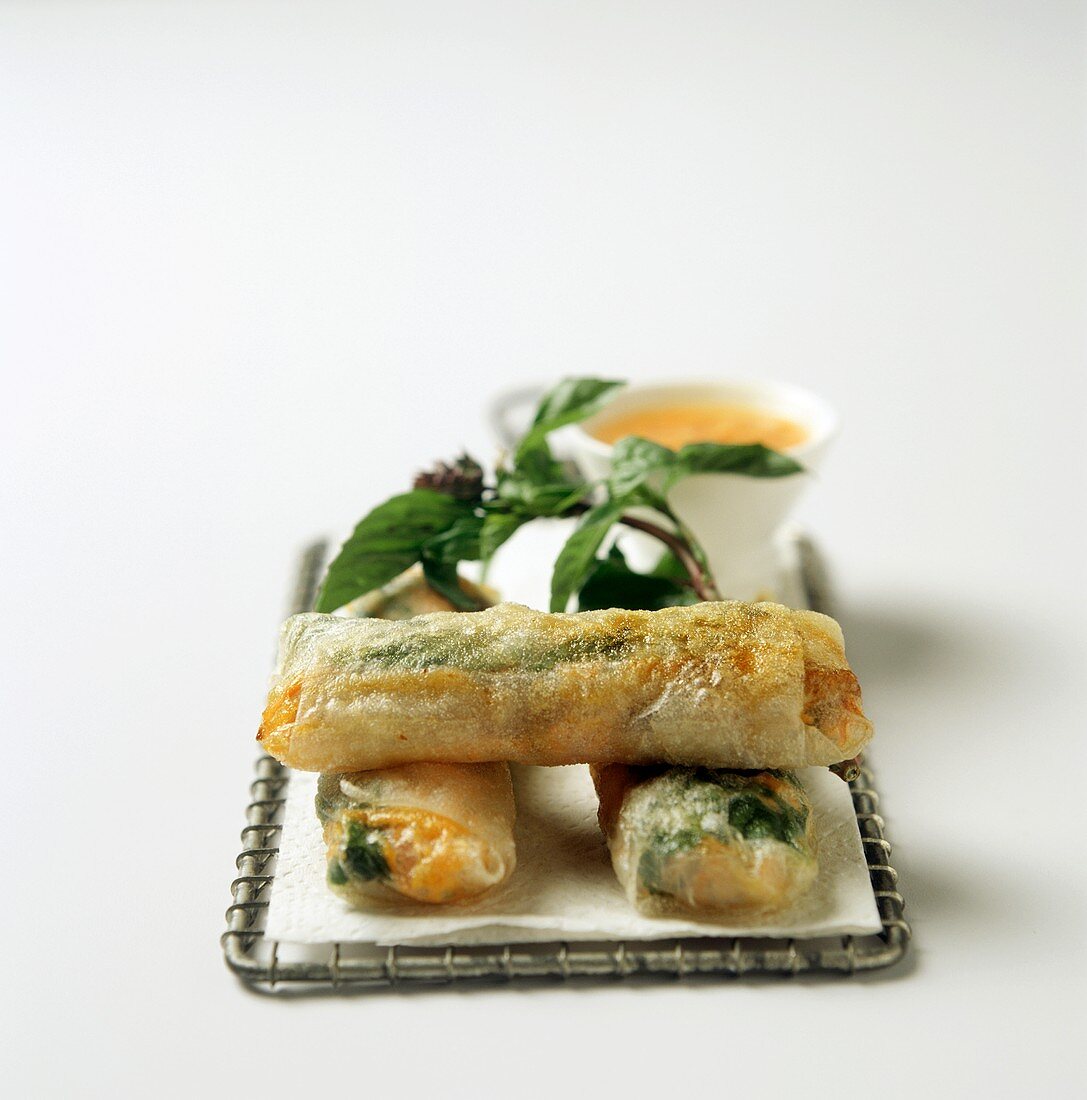Spring rolls garnished with mint