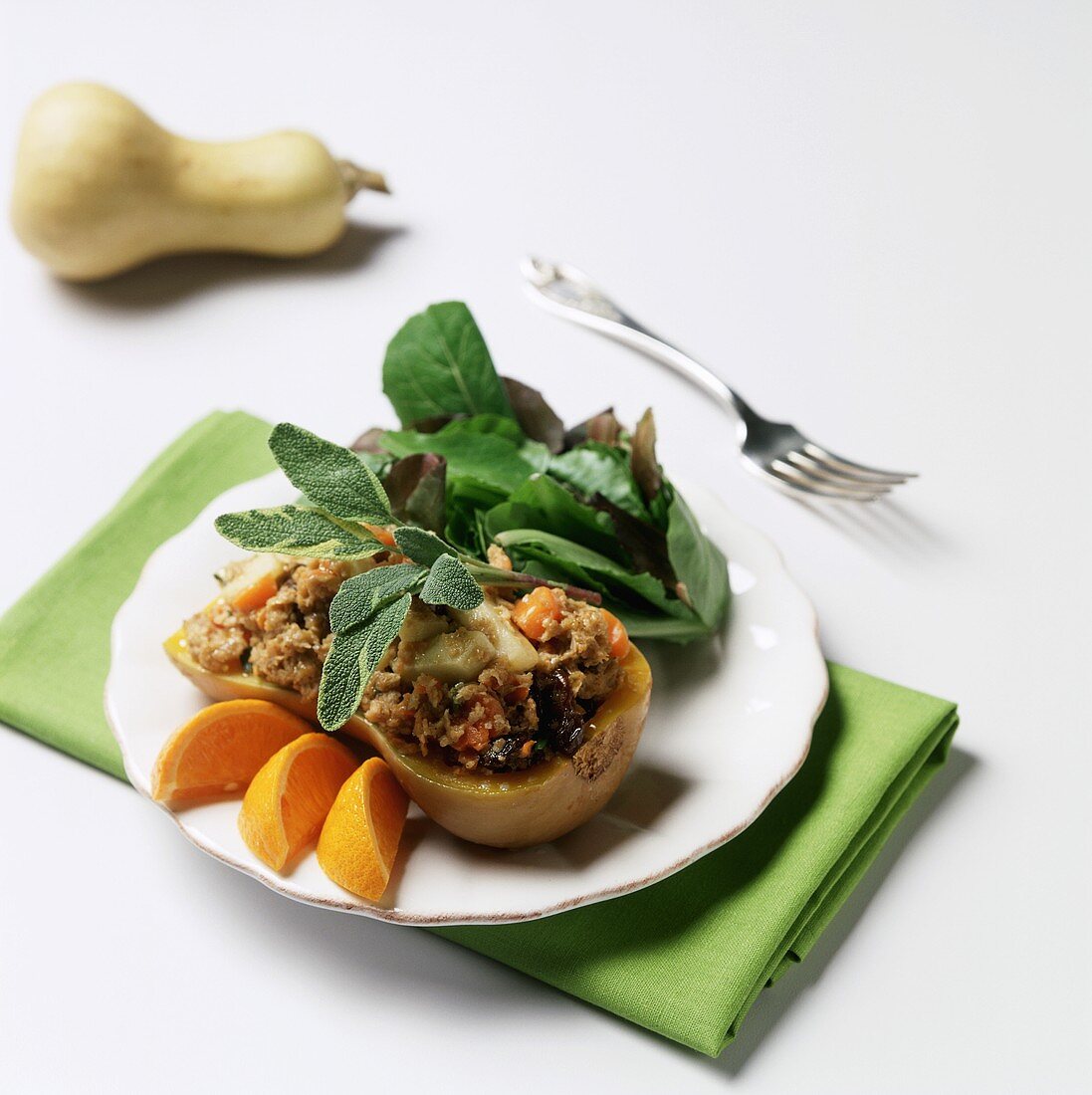 Butternut Squash with Soy Sausage Stuffing