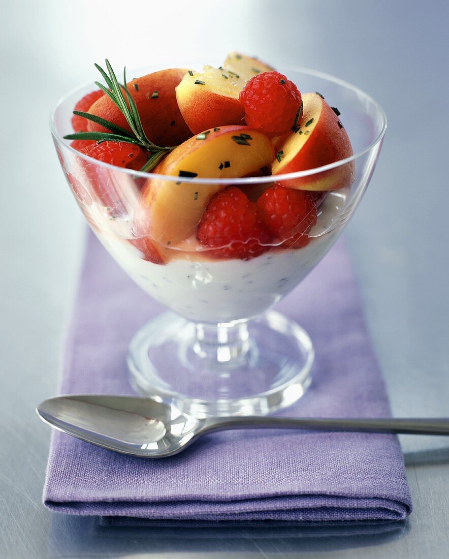 Panna Cotta with Macerated Peaches and Raspberries