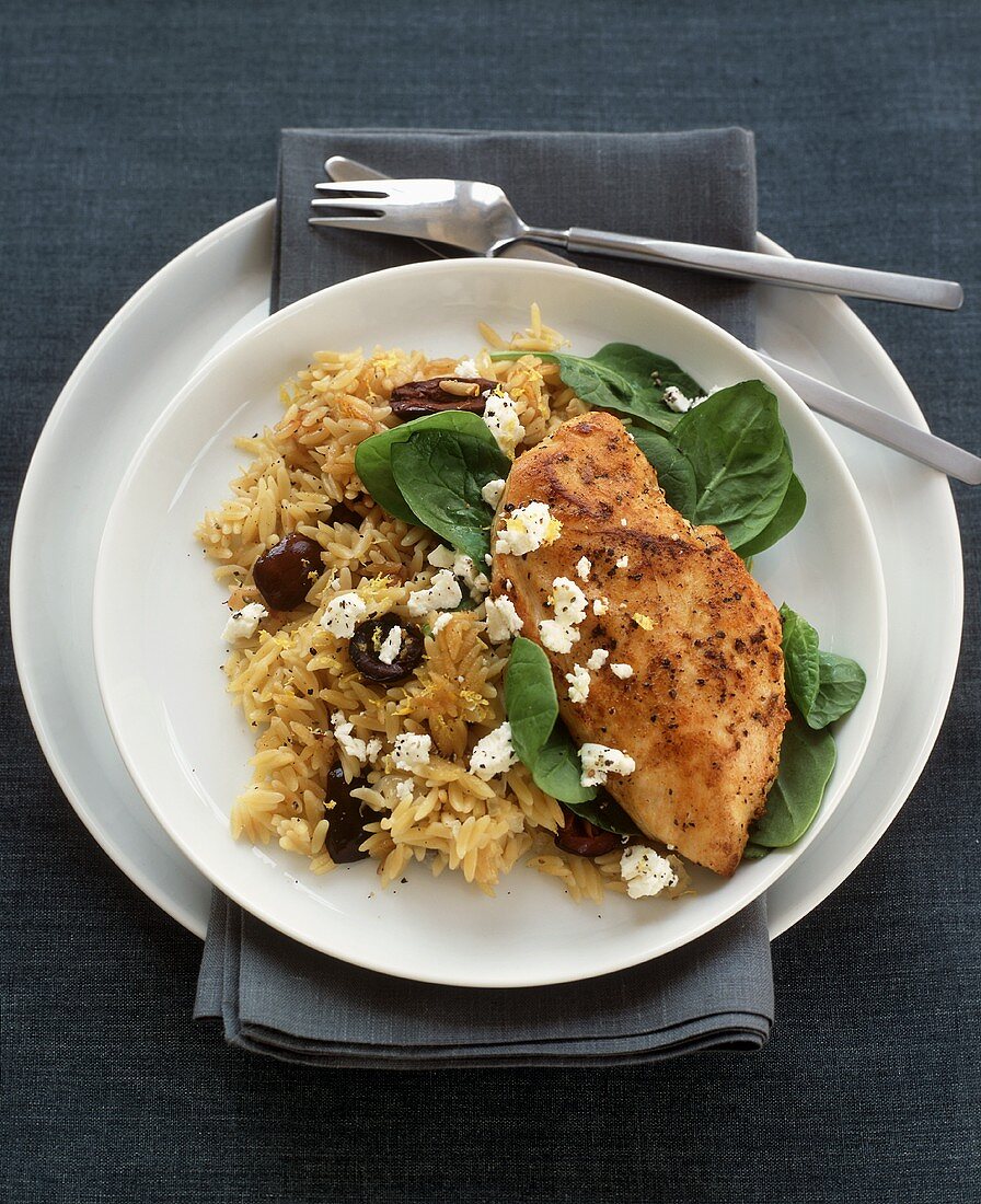 A Chicken Breast with Orzo, Olives, Feta and Spinach