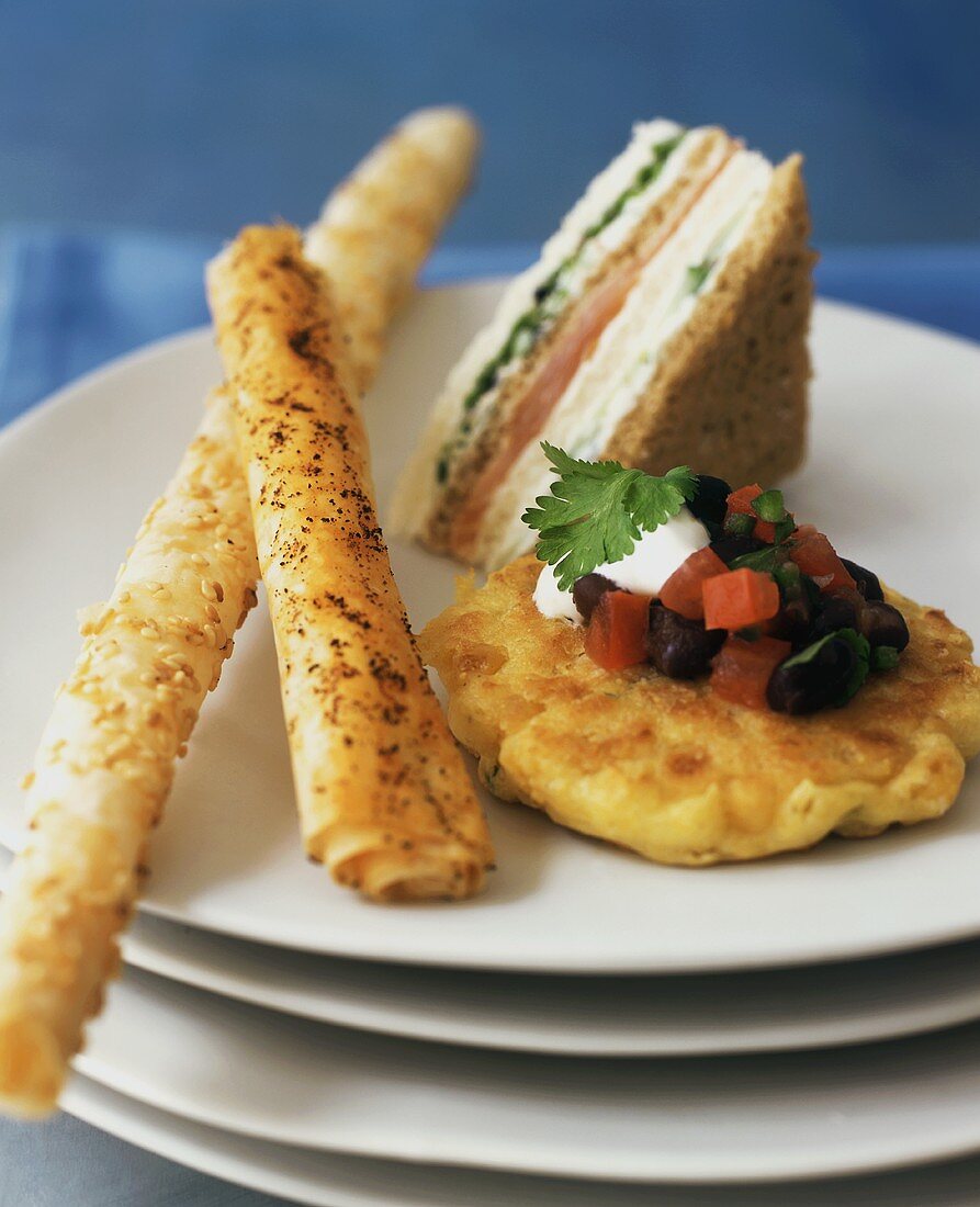 Hors d'oeuvres: Phyllo Cheese Straw, Corn Cake with Black Beans & Smoked Salmon Sandwich