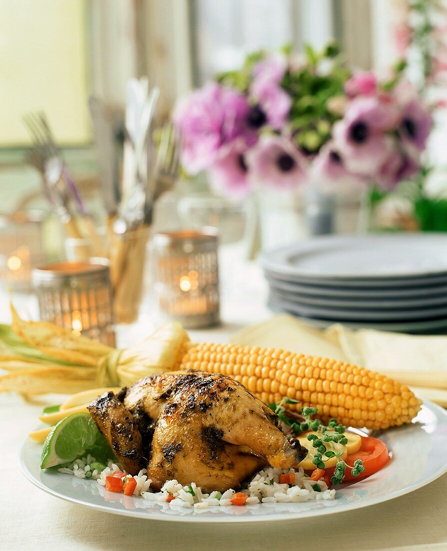 Roast chicken with corncob and rice salad