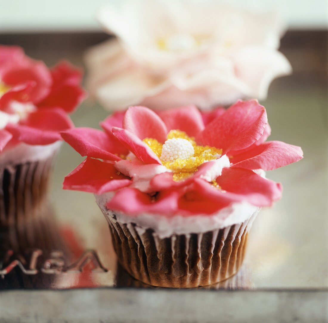 A Cupcake with Pink Flower Petals