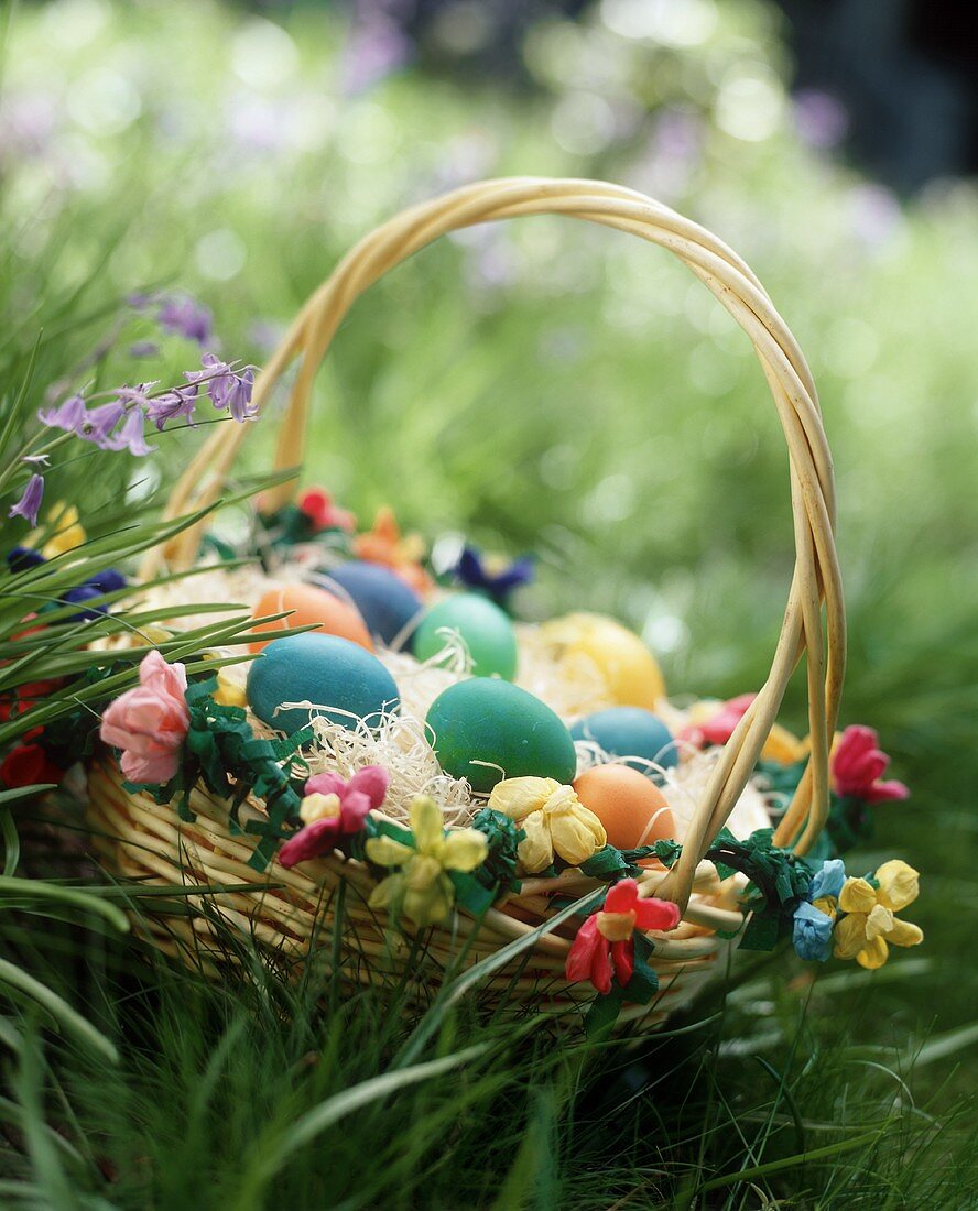 A Bright and Colorful Easter Basket in the Grass