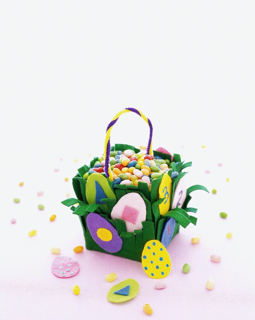 Colorful Homemade Felt Easter Basket Filled with Jelly Beans