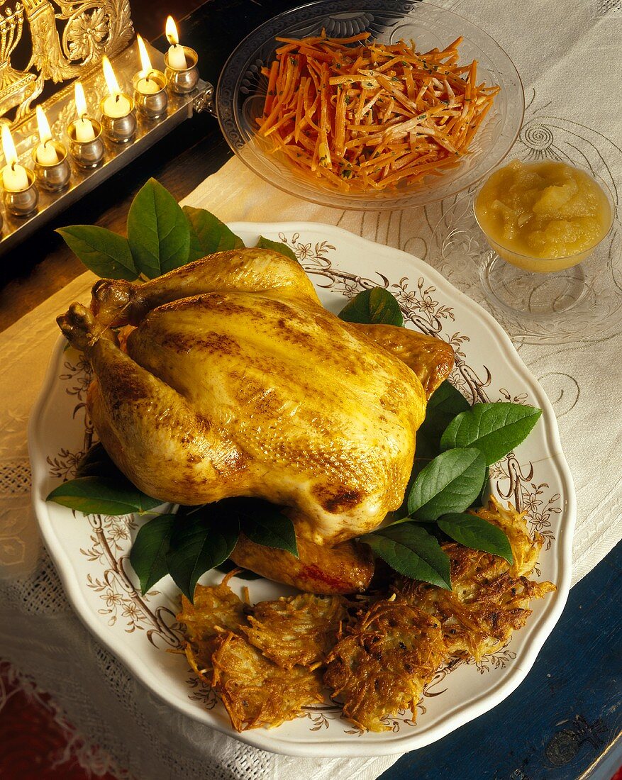 Roast chicken with latkas, carrots & apple puree for Hannukah