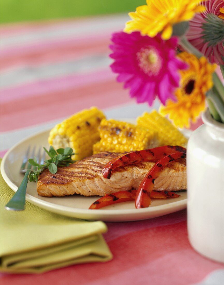 Grilled Salmon with Bell Peppers and Corn on the Cob