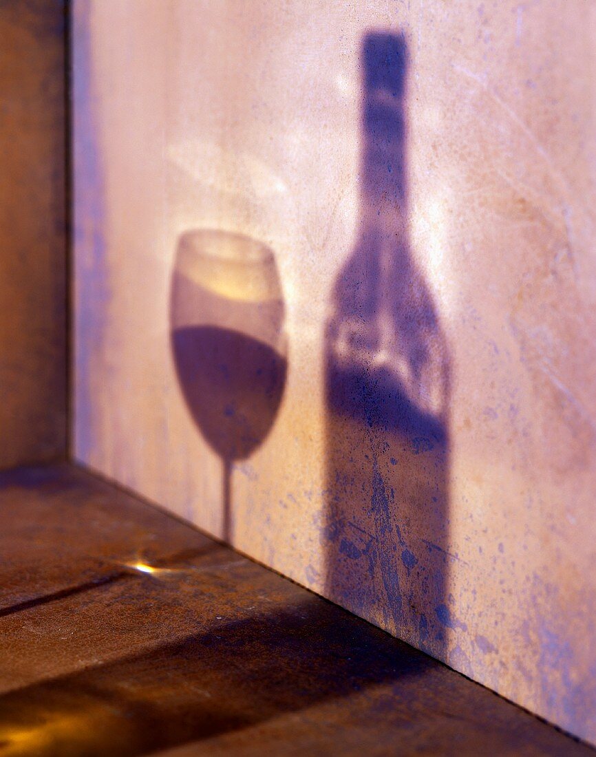 Schatten von Weinglas und Weinflasche auf einer Wand