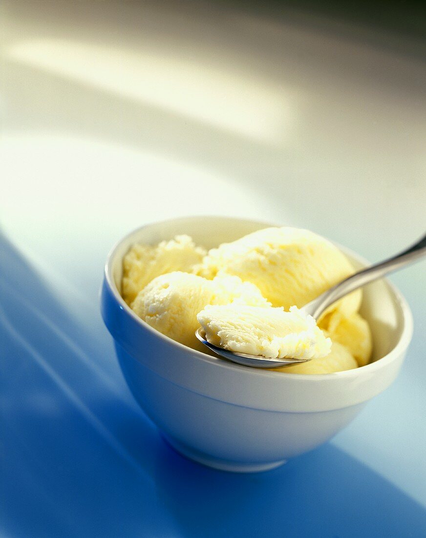 Vanilla ice cream in bowl with spoon