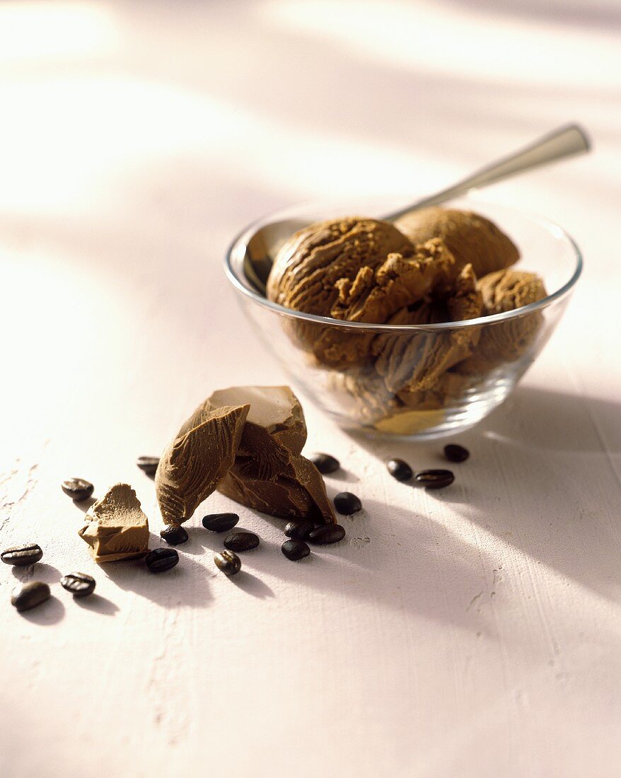Chocolate ice cream in bowl; pieces of chocolate; coffee beans