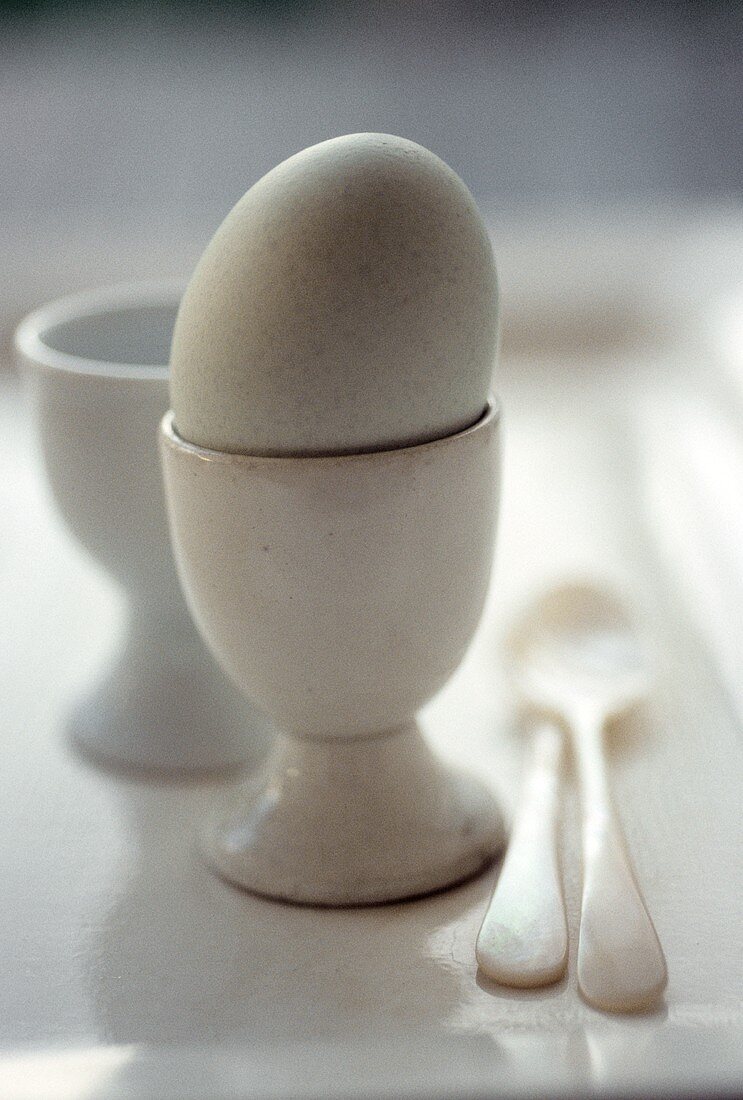Egg in egg-cup, empty egg cup and spoon