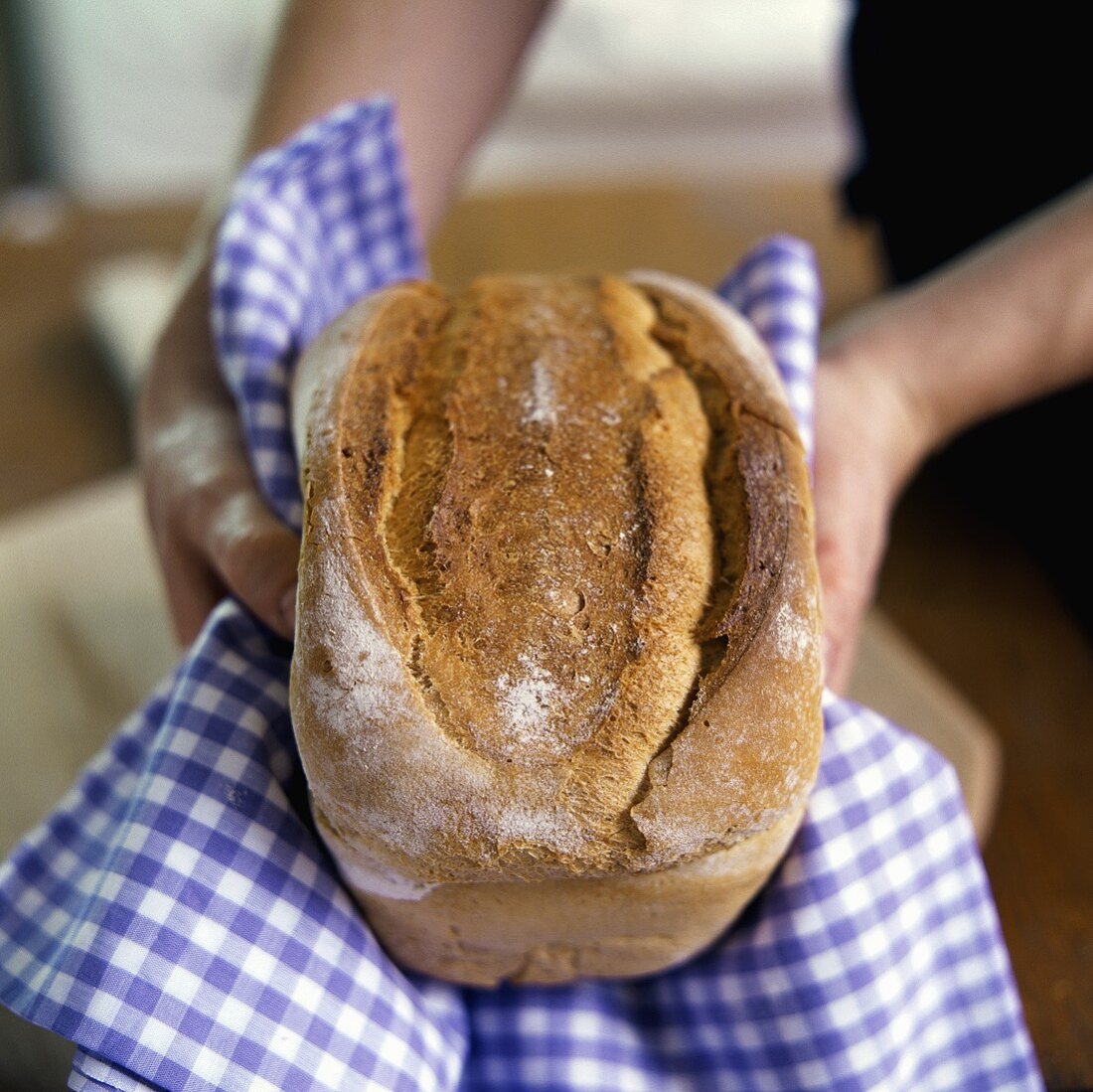 Hände halten frisch gebackenes Weißbrot