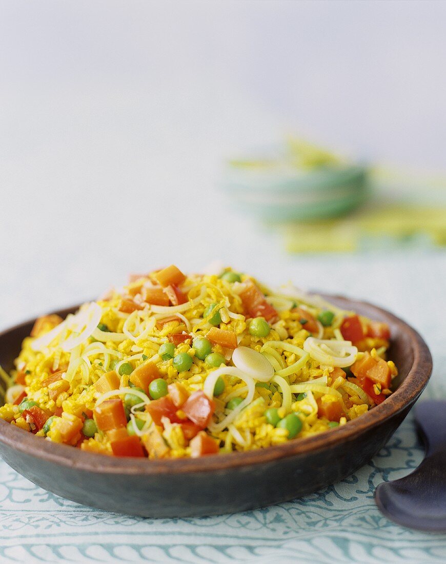 Yellow Rice with Bell Peppers, Onions, Carrots and Peas