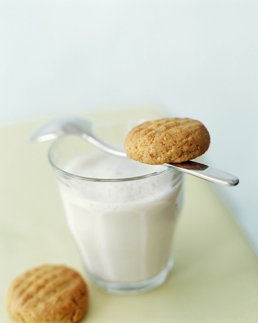 Two peanut biscuits and glass of milk